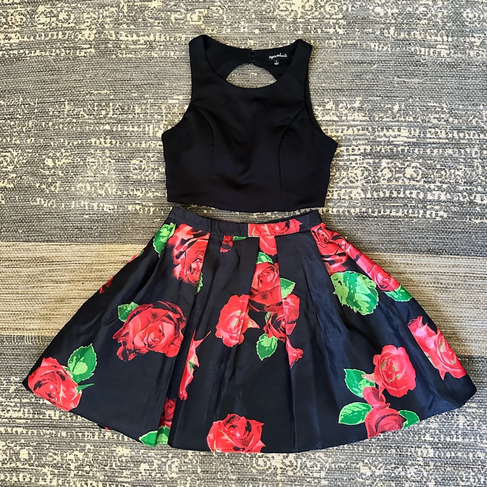 Sequin Hearts Elegant Black Crop Top with Full Red Rose Floral Short Skirt Set